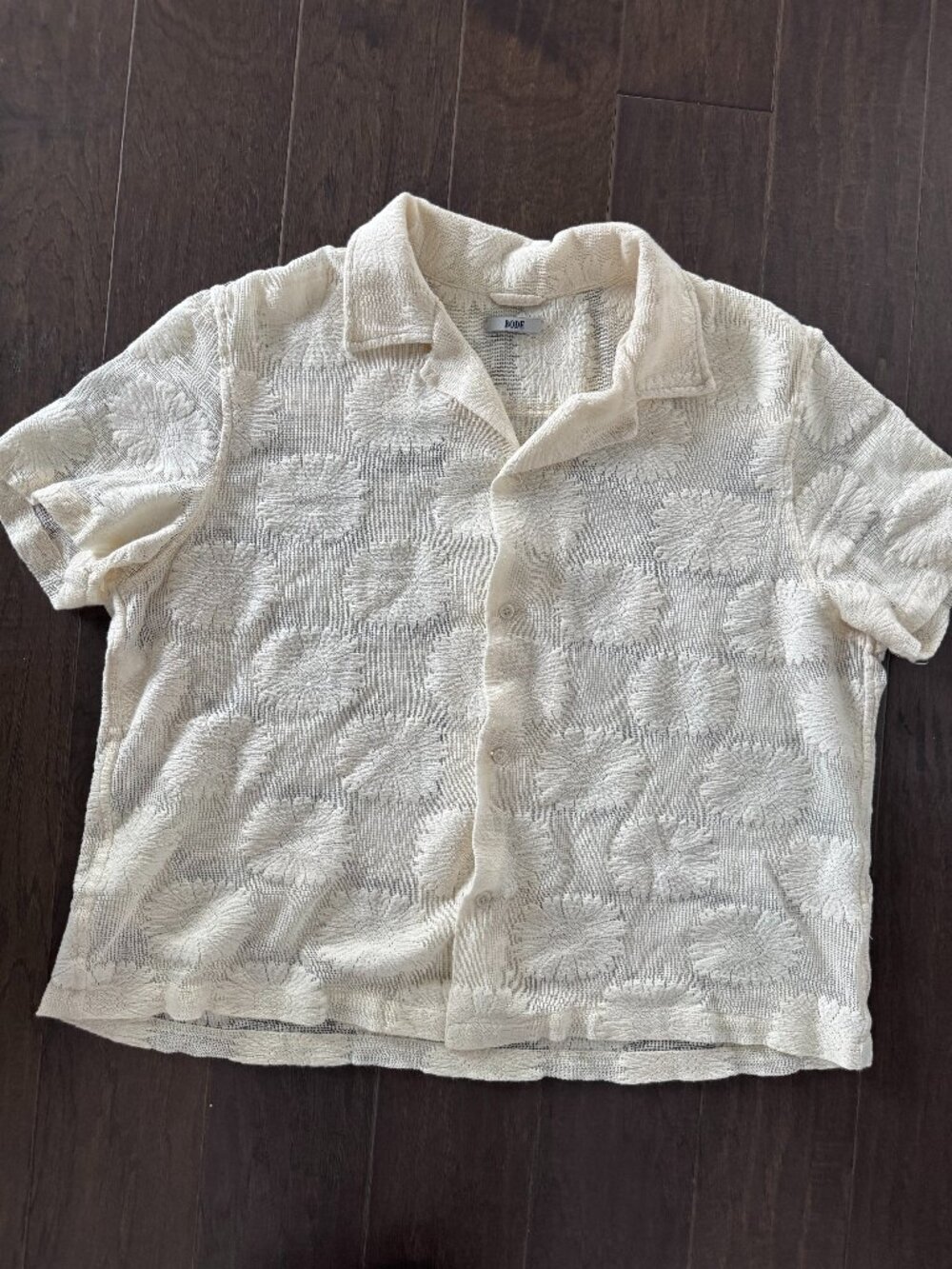 Bode Sunflower Lace Short Sleeve Shirt in ecru, featuring a patterned of lace